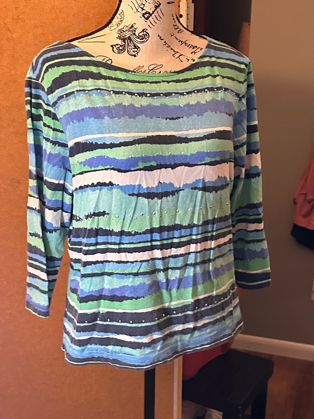 Ruby Road Striped Scoop-Neck 3/4 Sleeve Top in Blue and Green
